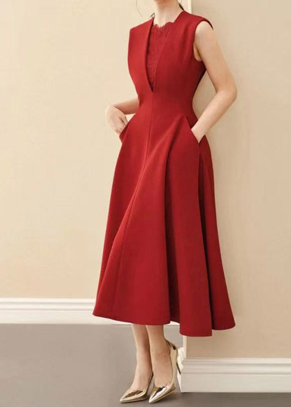 Deep V Neck Lace Insert Pocket A Line Midi Dress