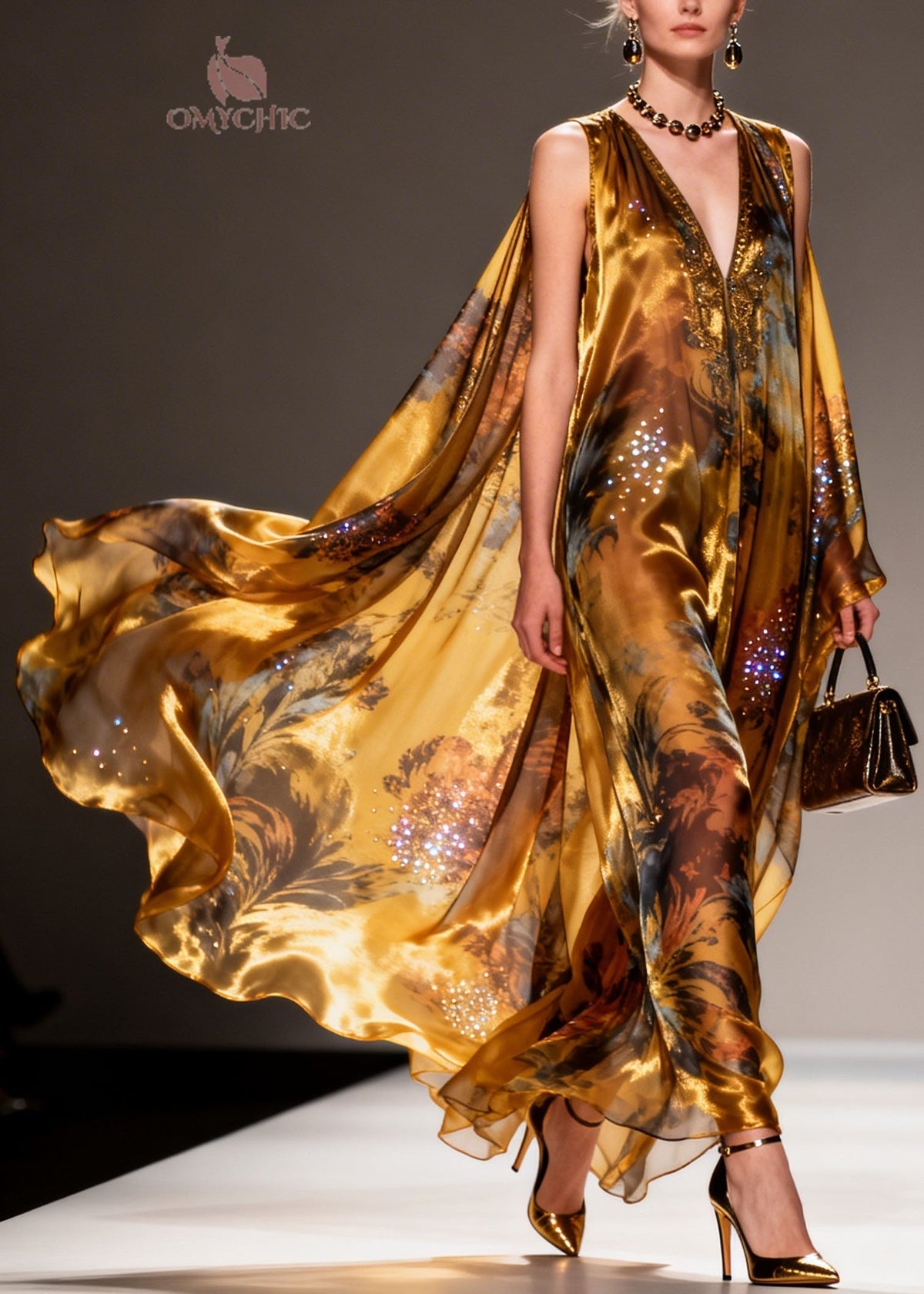 Deep V-Neck Beaded Border Floral Sequin Cape Floor-Length Gown 5