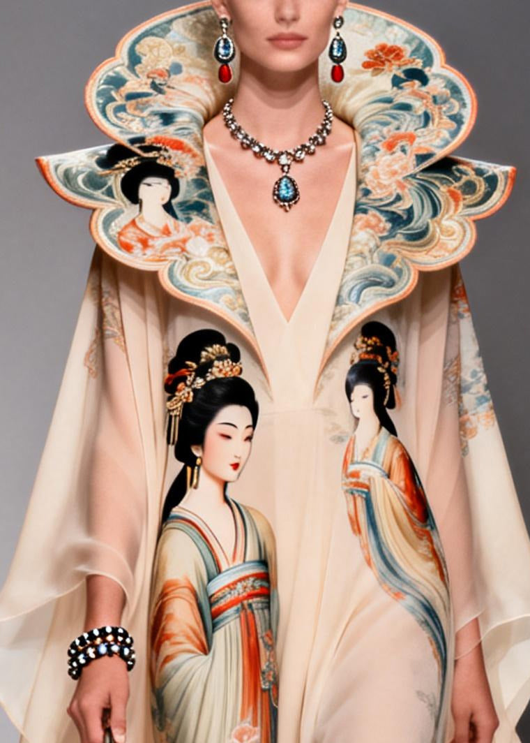 Scalloped Collar Deep V-Neck Illustrative Print Cape Sleeve High Slit Maxi Gown 2