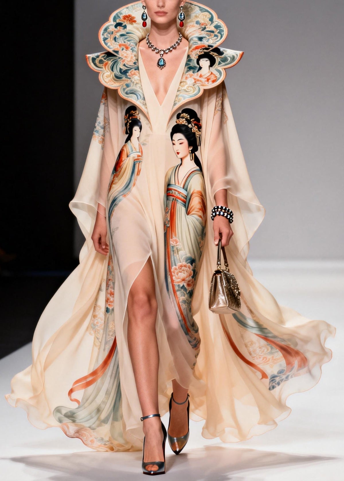 Scalloped Collar Deep V-Neck Illustrative Print Cape Sleeve High Slit Maxi Gown 3