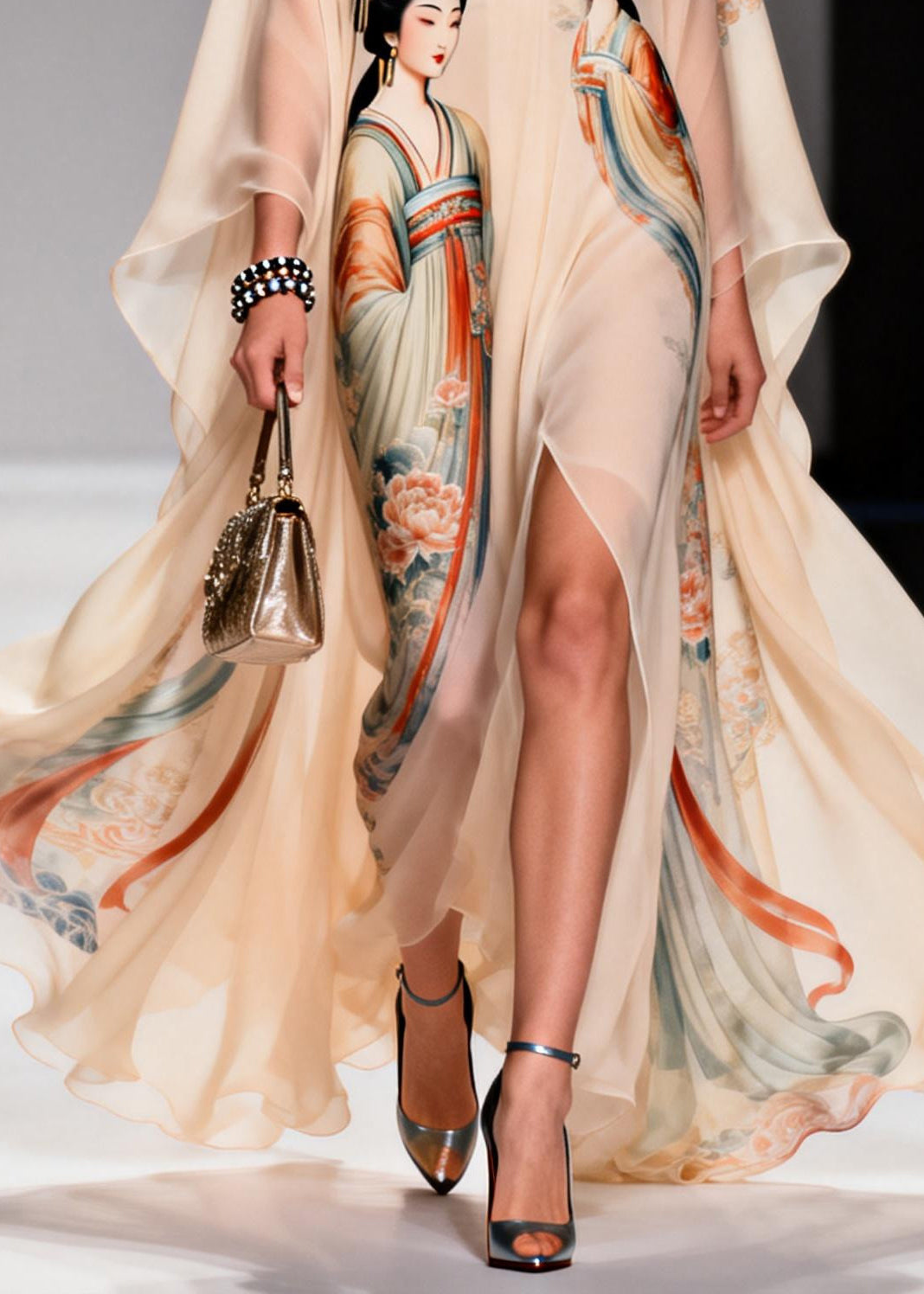 Scalloped Collar Deep V-Neck Illustrative Print Cape Sleeve High Slit Maxi Gown 4