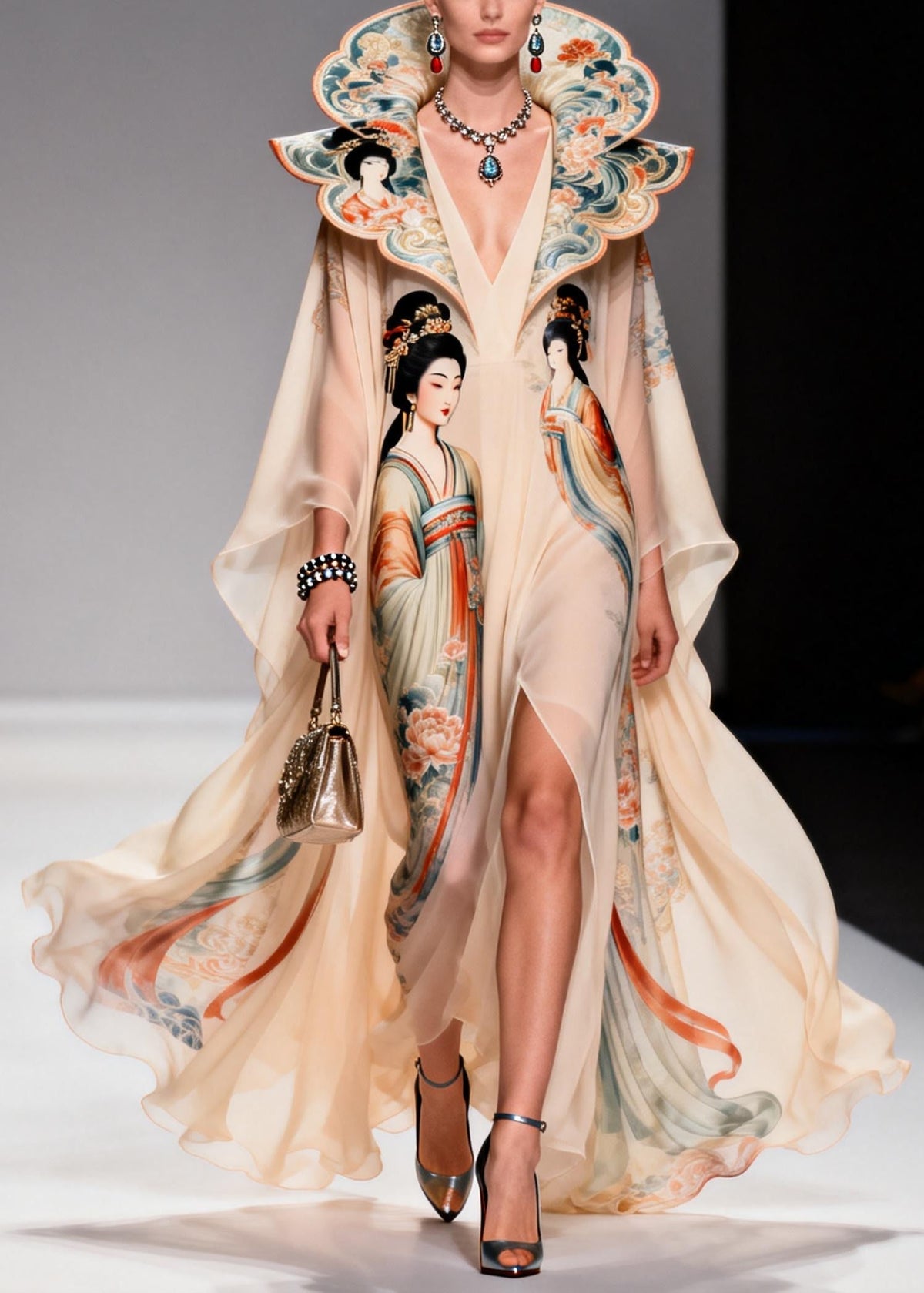 Scalloped Collar Deep V-Neck Illustrative Print Cape Sleeve High Slit Maxi Gown 5