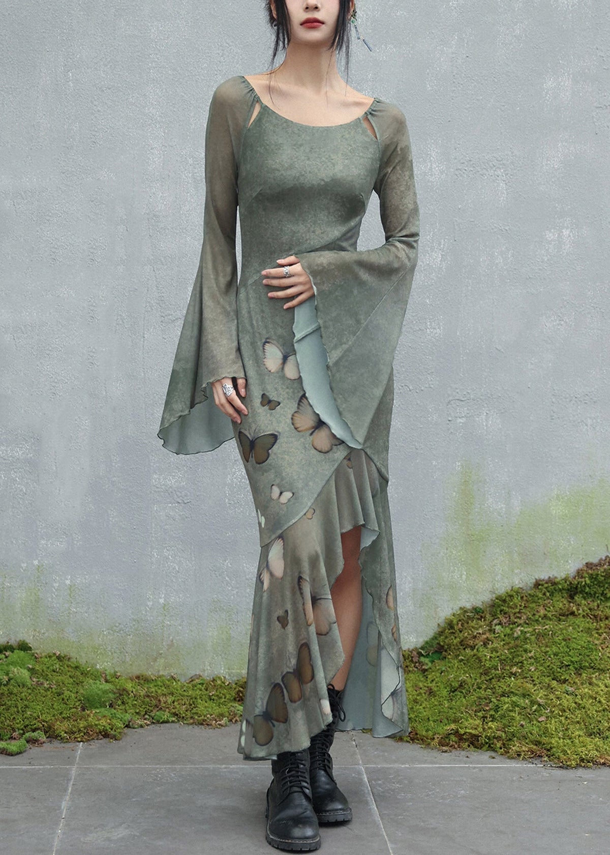 Scoop Neck Shoulder Cut-Out Butterfly Print Bell Sleeve Tiered Maxi Dress