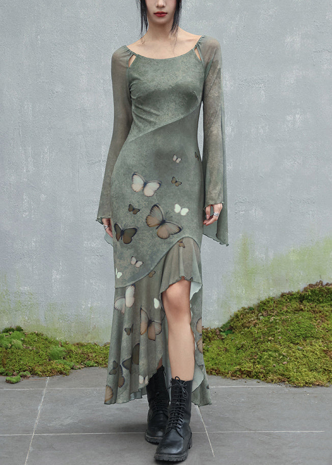 Scoop Neck Shoulder Cut-Out Butterfly Print Bell Sleeve Tiered Maxi Dress 2