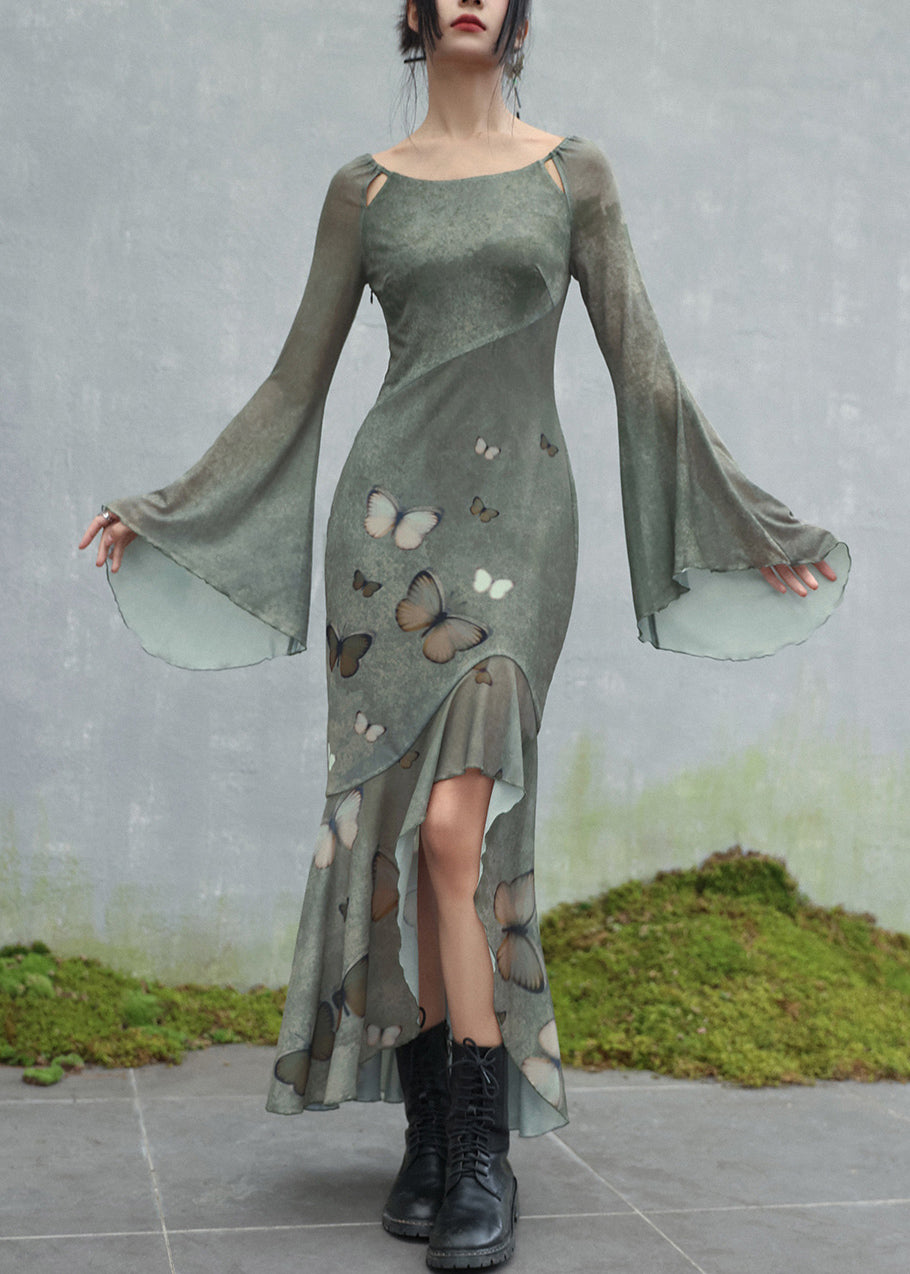Scoop Neck Shoulder Cut-Out Butterfly Print Bell Sleeve Tiered Maxi Dress 3