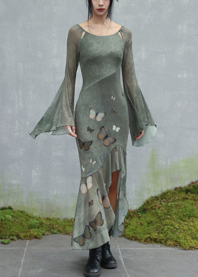 Scoop Neck Shoulder Cut-Out Butterfly Print Bell Sleeve Tiered Maxi Dress 4