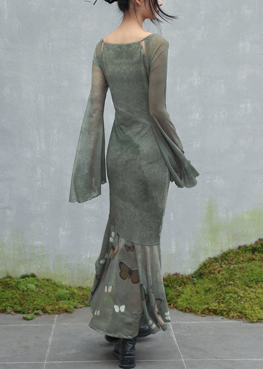 Scoop Neck Shoulder Cut-Out Butterfly Print Bell Sleeve Tiered Maxi Dress 5