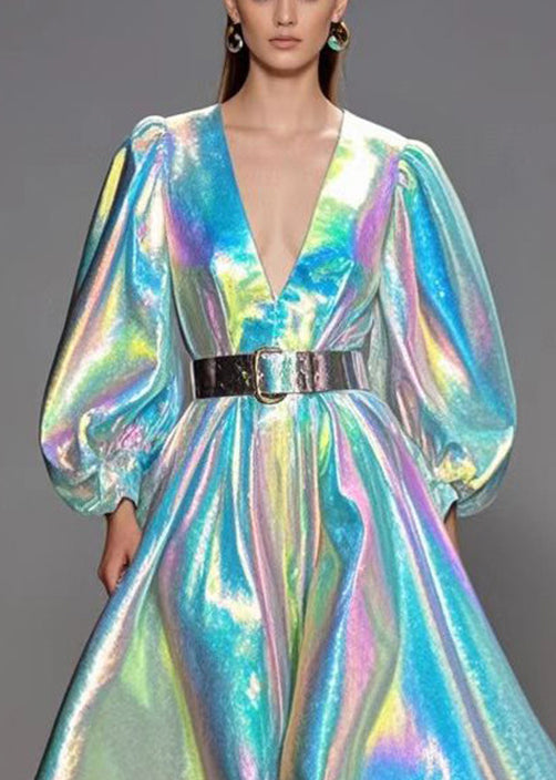 Deep V-Neck Puff Sleeve Iridescent Metallic Pleated Midi Dress 3