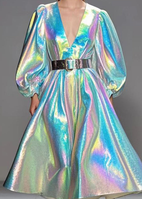 Deep V-Neck Puff Sleeve Iridescent Metallic Pleated Midi Dress 4