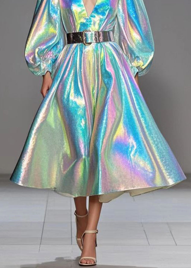 Deep V-Neck Puff Sleeve Iridescent Metallic Pleated Midi Dress 5
