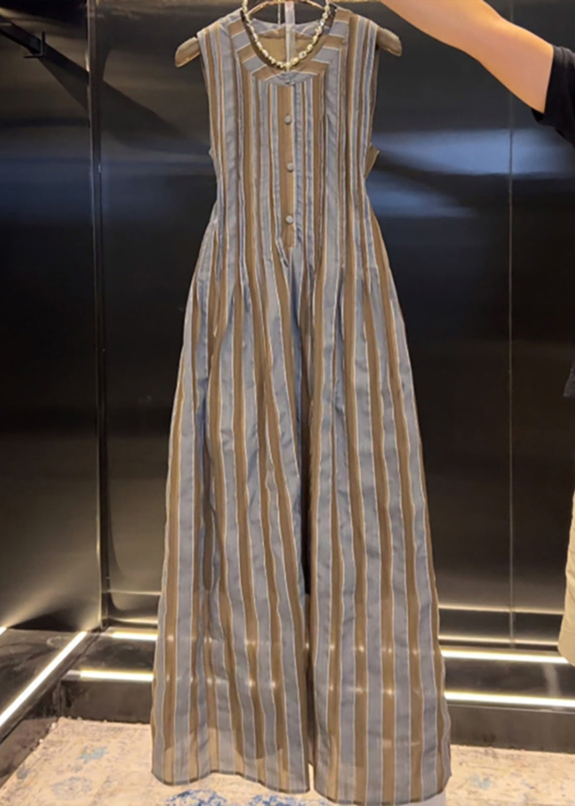Crew Neck Button Front Pintuck Pleated Striped Sleeveless Maxi Dress