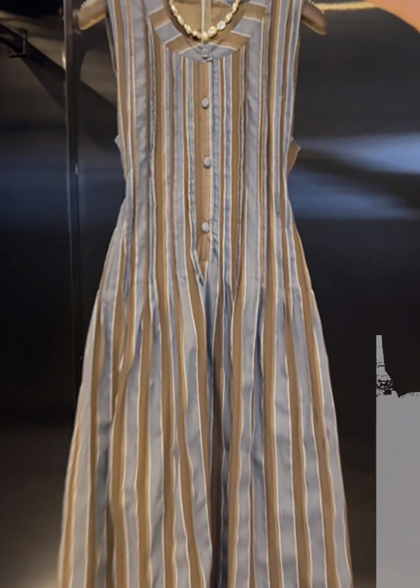 Crew Neck Button Front Pintuck Pleated Striped Sleeveless Maxi Dress 2