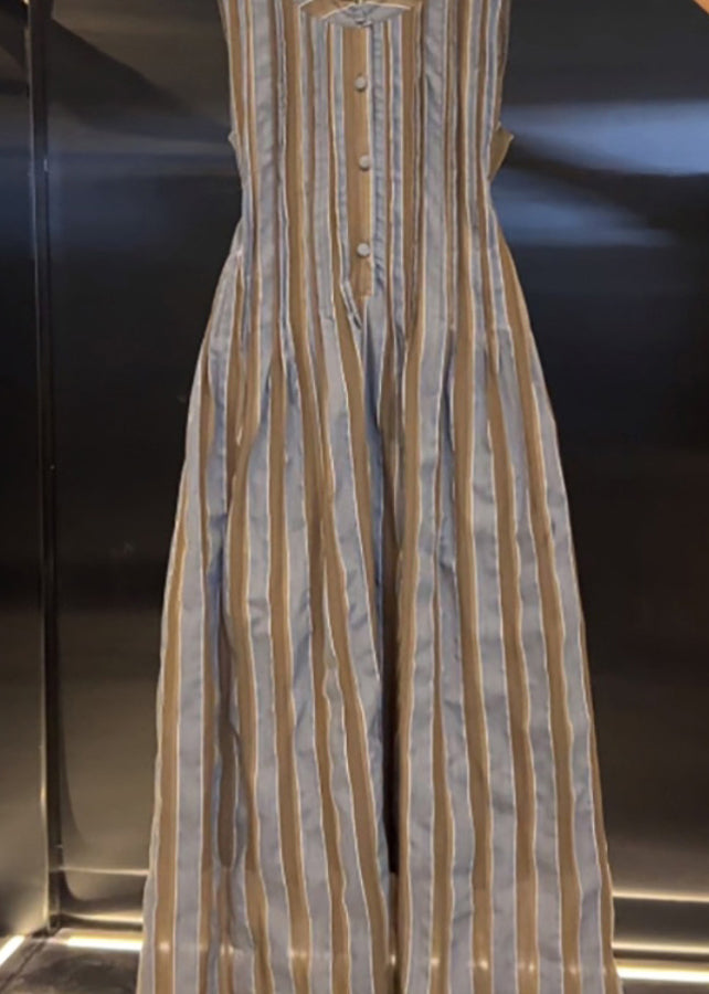 Crew Neck Button Front Pintuck Pleated Striped Sleeveless Maxi Dress 3