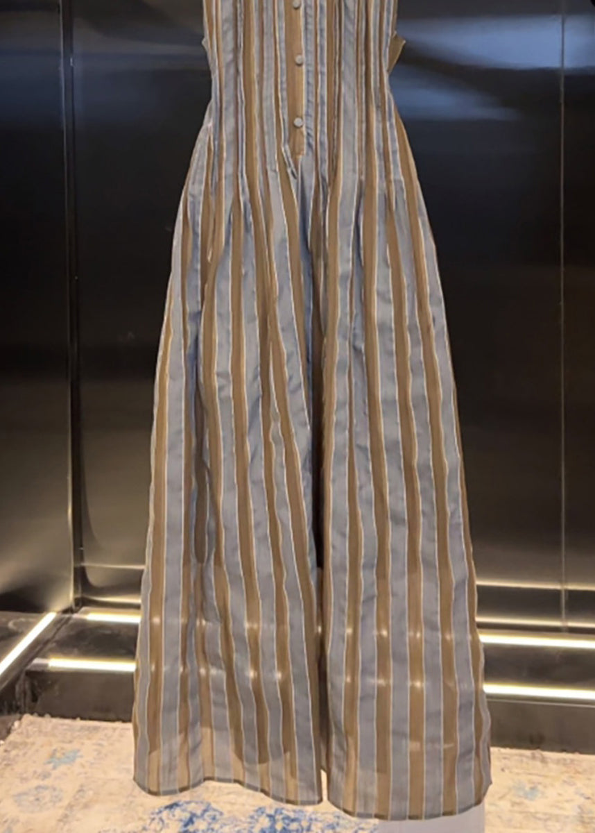 Crew Neck Button Front Pintuck Pleated Striped Sleeveless Maxi Dress 4
