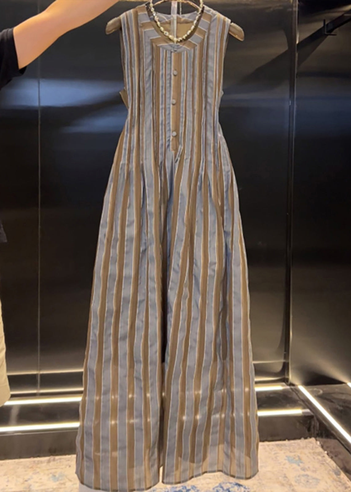 Crew Neck Button Front Pintuck Pleated Striped Sleeveless Maxi Dress 5