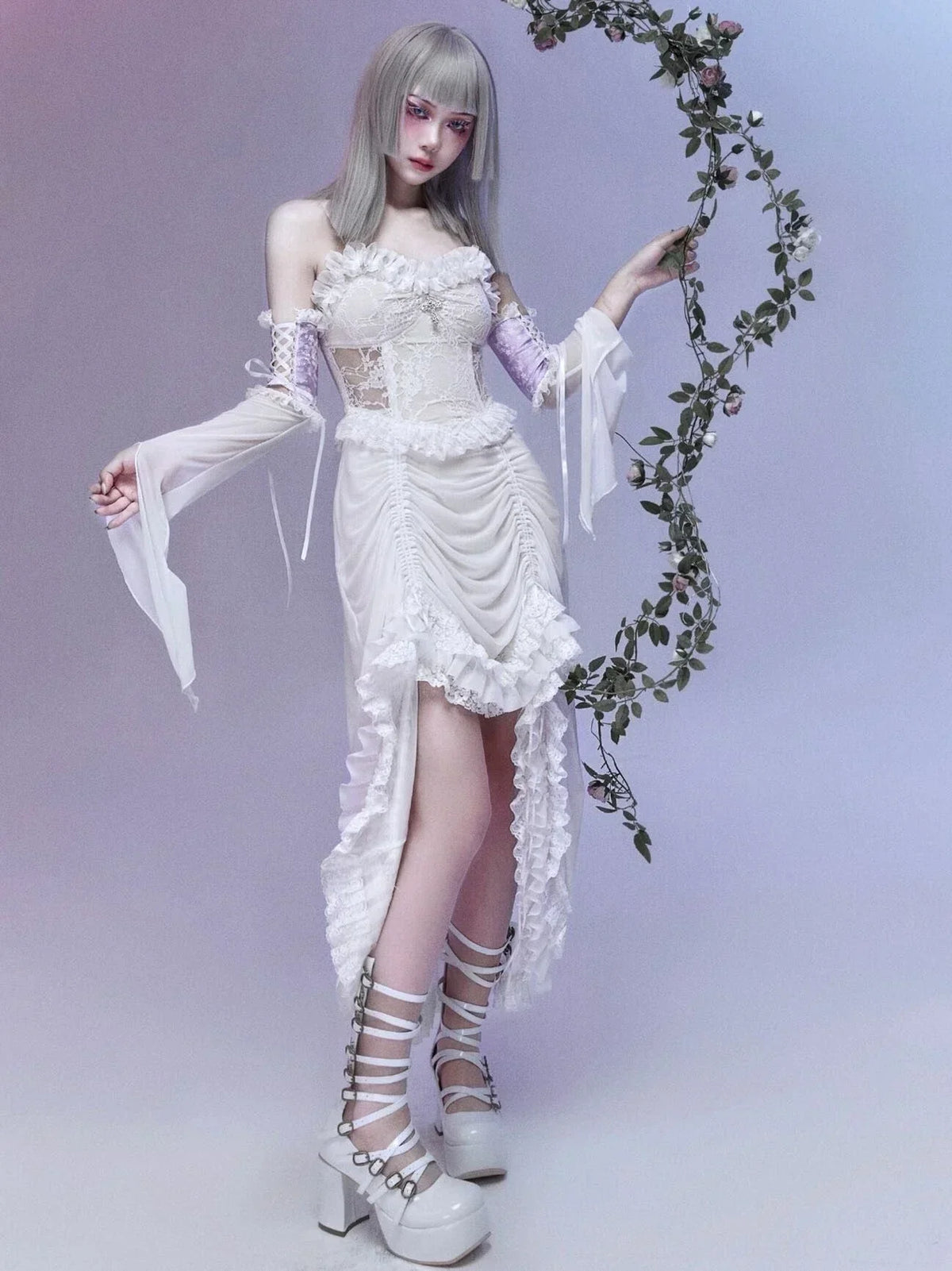 Lace Tiered Ruffle High-Low Cross Pendant Gothic Mini Dress 4
