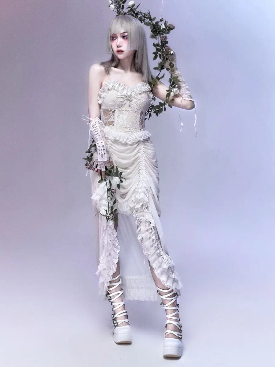 Lace Tiered Ruffle High-Low Cross Pendant Gothic Mini Dress 5