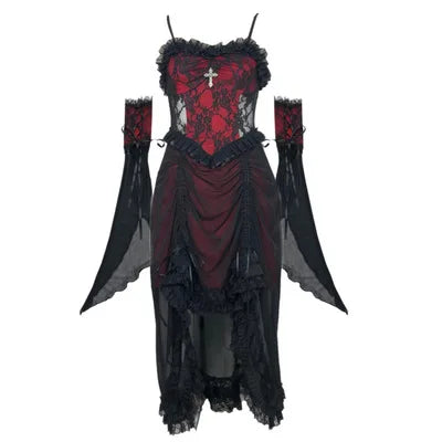 Lace Tiered Ruffle High-Low Cross Pendant Gothic Mini Dress 7