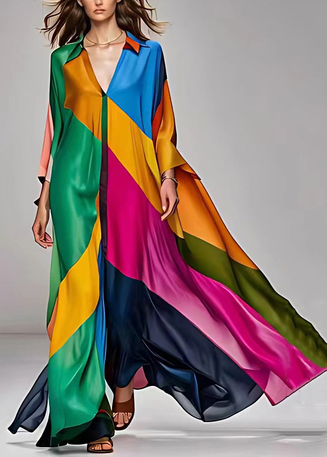 Deep V-Neck Patchwork Contrast Cuff Long Sleeve Maxi Dress