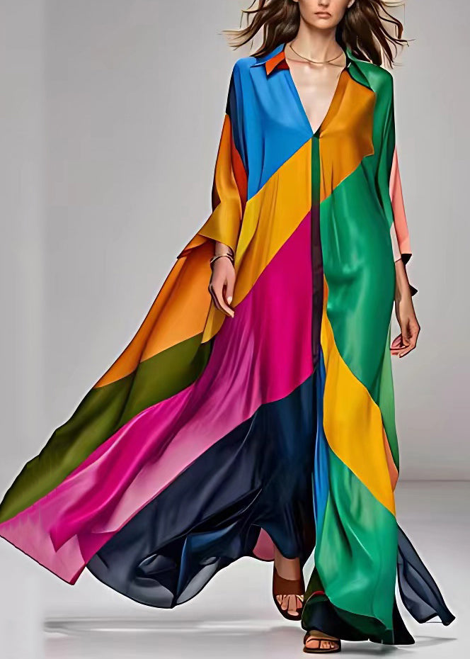 Deep V-Neck Patchwork Contrast Cuff Long Sleeve Maxi Dress 2