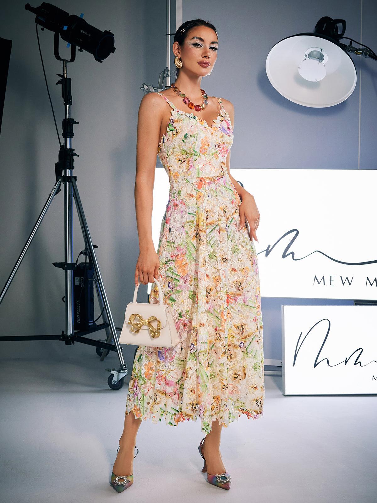 V Neck Floral Lace Crochet Spaghetti Strap Midi Dress
