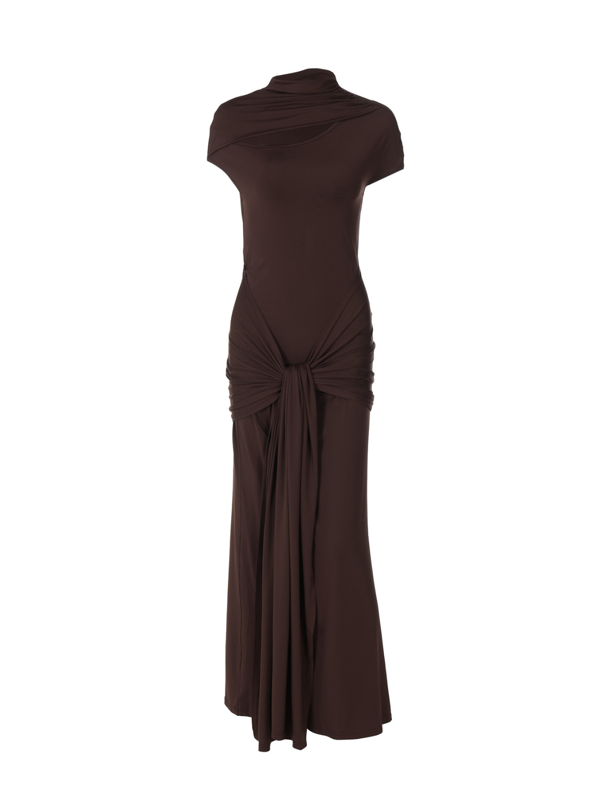 Mock Neck Chest Cutout Cap Sleeve Drape Front Column Maxi Dress 8