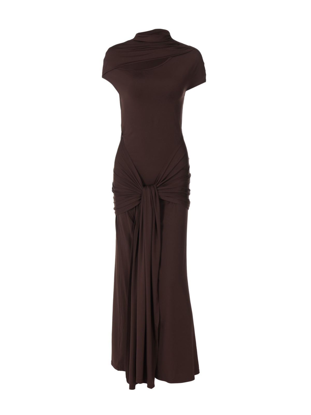 Mock Neck Chest Cutout Cap Sleeve Drape Front Column Maxi Dress 7