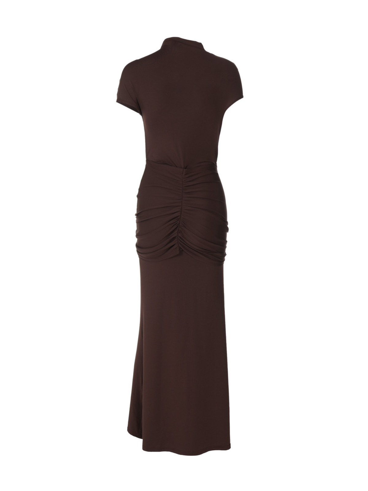 Mock Neck Chest Cutout Cap Sleeve Drape Front Column Maxi Dress 9