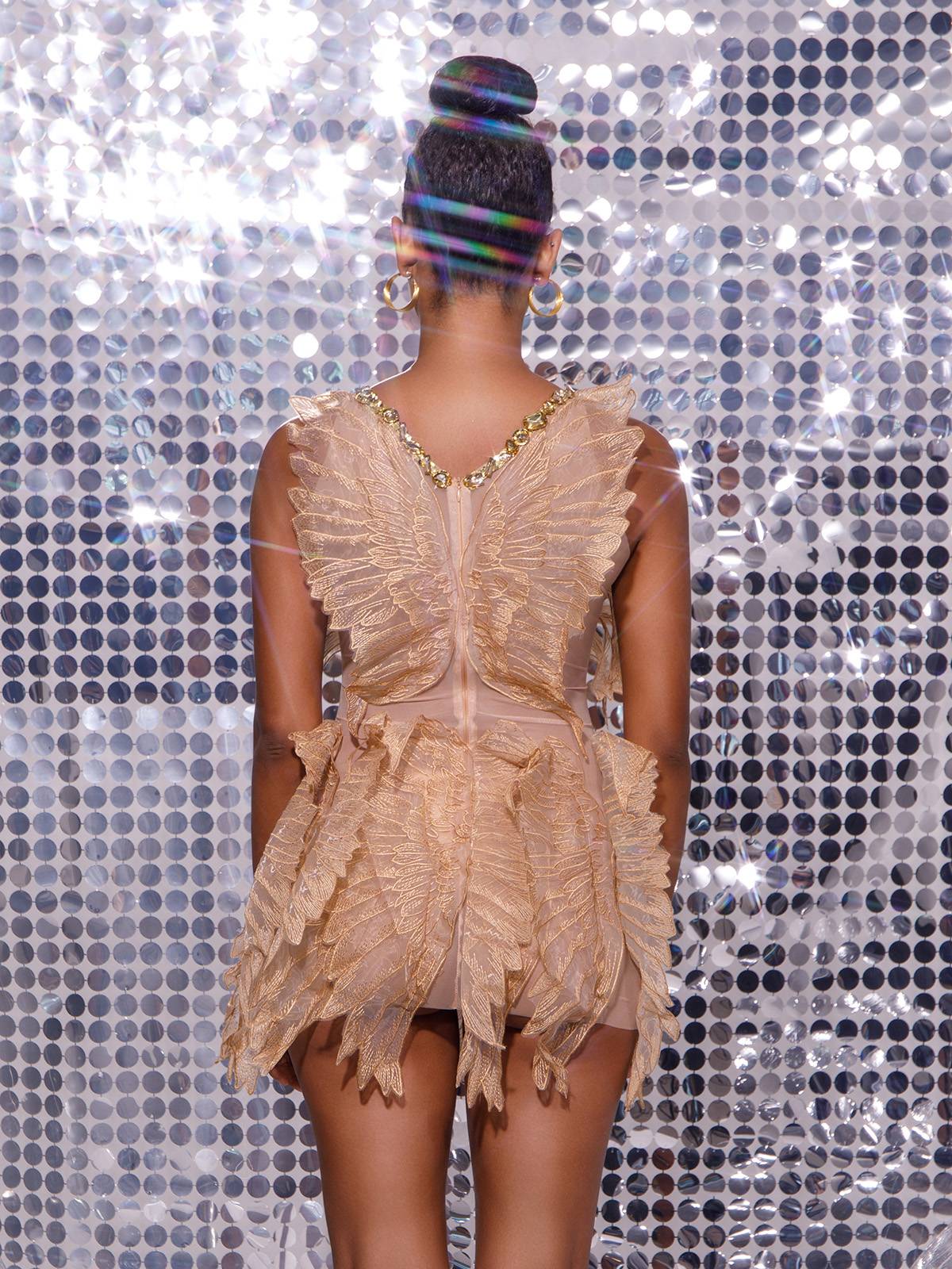 Rhinestone Crystal Leaf Applique Sheer Mesh Panel Sleeveless Mini Dress 5