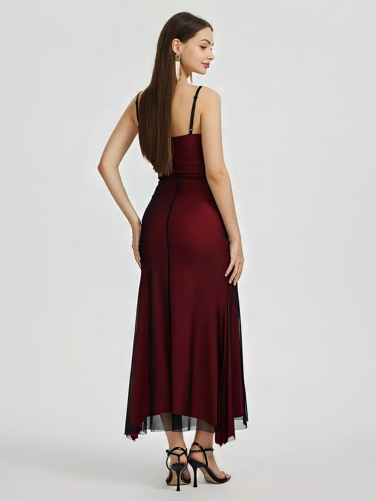 Spaghetti Strap Sheer Overlay Horizontal Ruched Maxi Gown 2