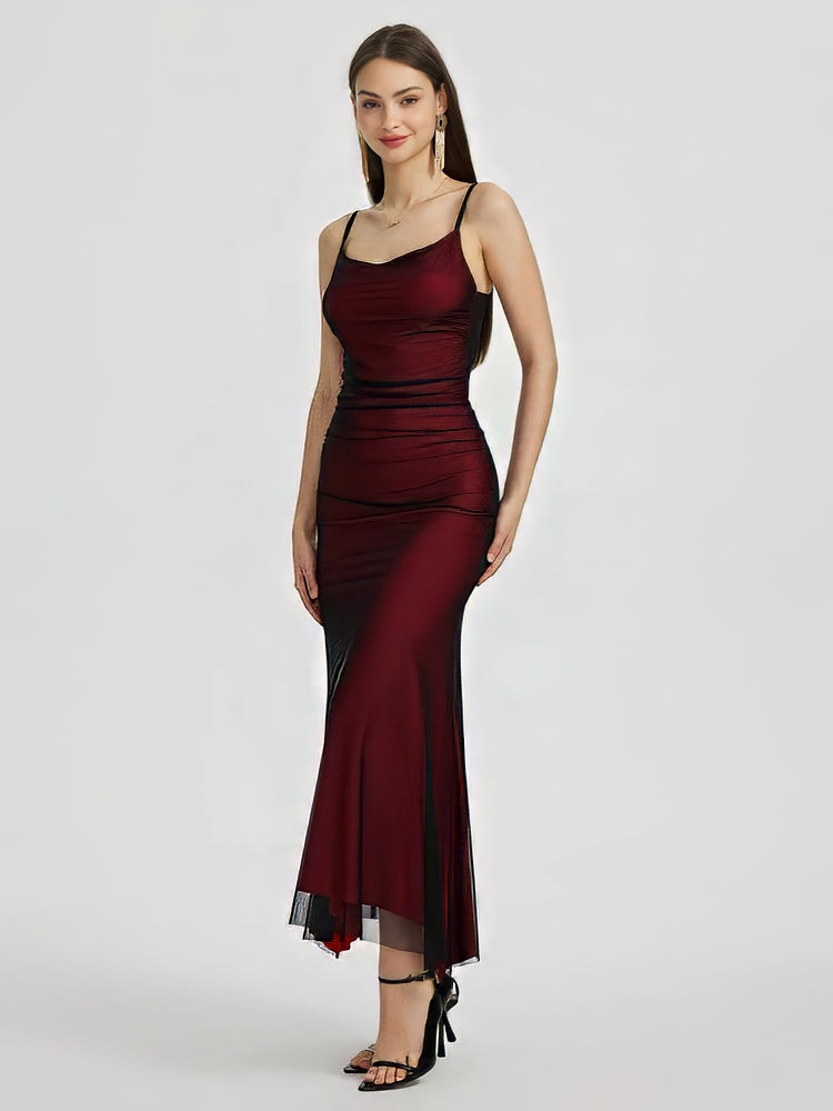 Spaghetti Strap Square Neck Mesh Overlay Ruched Maxi Dress 3