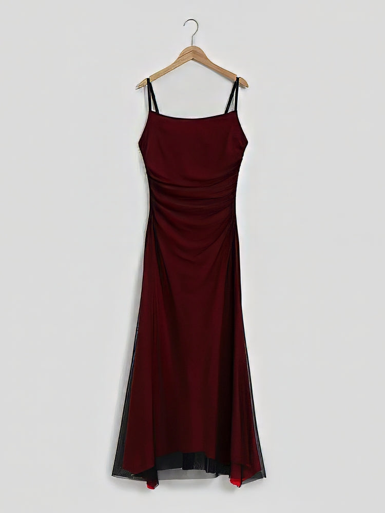 Spaghetti Strap Square Neck Mesh Overlay Ruched Maxi Dress 4