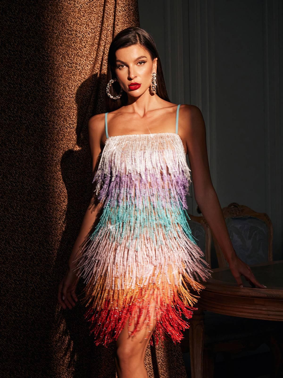 Square Neck Spaghetti Strap Tiered Ombre Shimmer Fringe Mini Dress