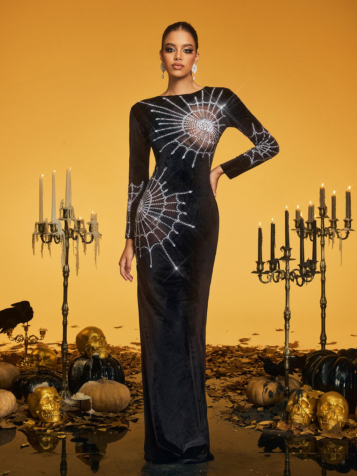 Mock Neck Long Sleeve Rhinestone Spiderweb Mesh Insert Velvet Maxi Dress