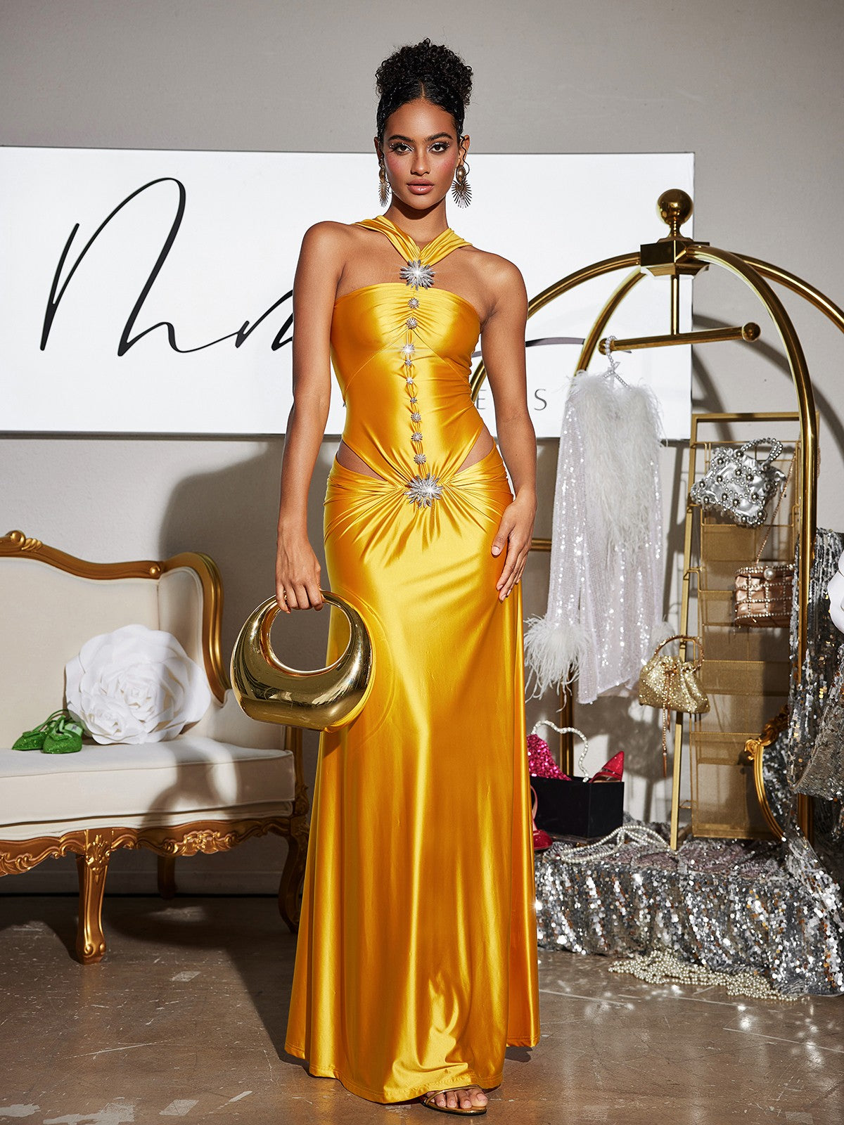 Halter Neck Starburst Brooch Waist Cutout Ruched Satin Column Maxi Gown