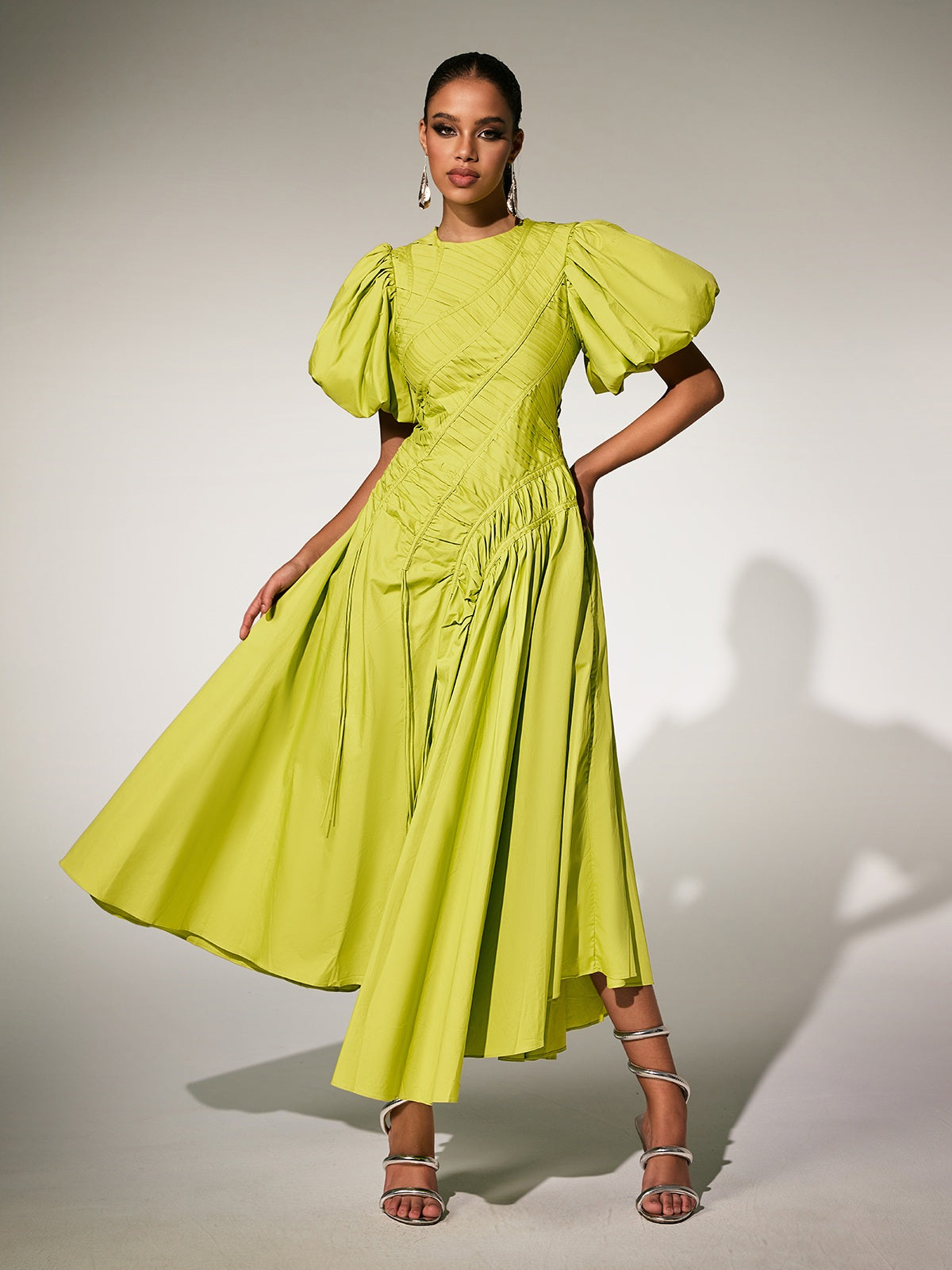 Round Neck Puff Sleeve Diagonal Pleat Asymmetric Hem Midi Dress