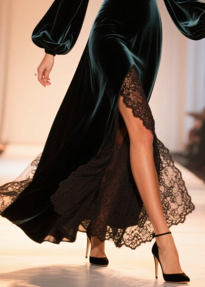 Surplice V-Neck Bishop Sleeve Lace Trim High Slit Velvet Maxi Gown 4