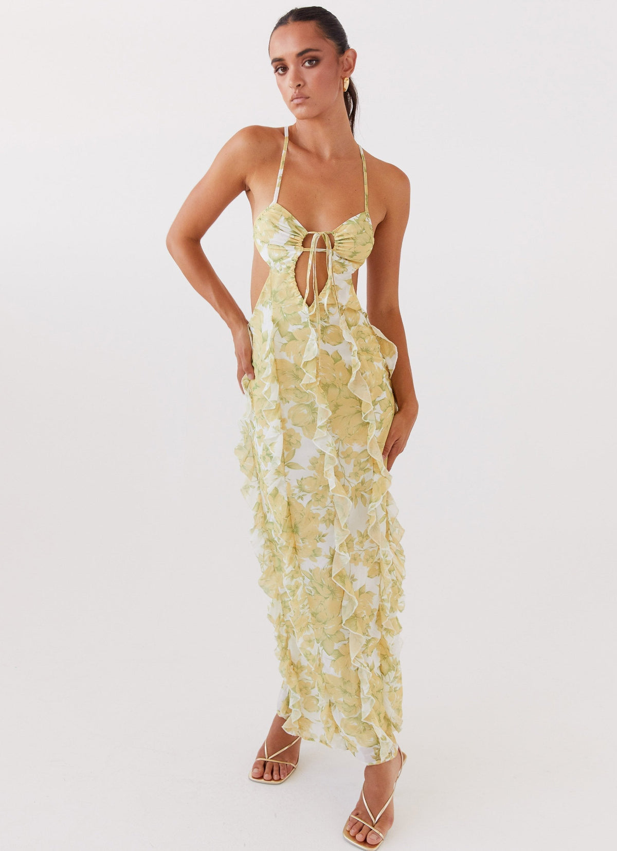 Halter Neck Spaghetti Strap Tie Front Keyhole Waist Cutout Ruffle Maxi Dress