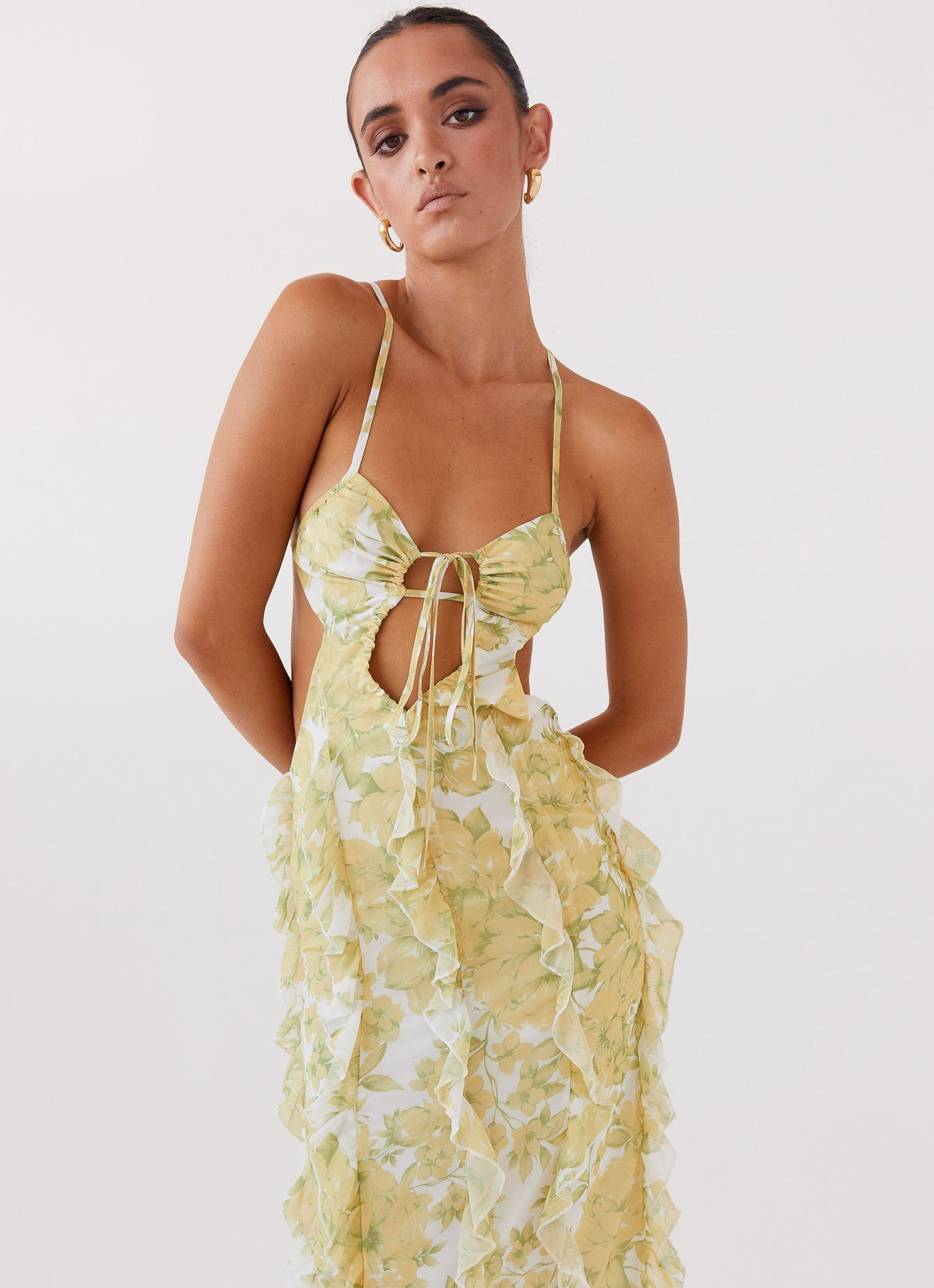Spaghetti Strap Tiered Ruffle Column Maxi Gown 4