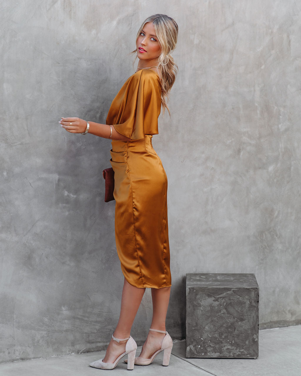 One Shoulder Flutter Sleeve Ruched Satin Wrap Tulip Midi Dress 6