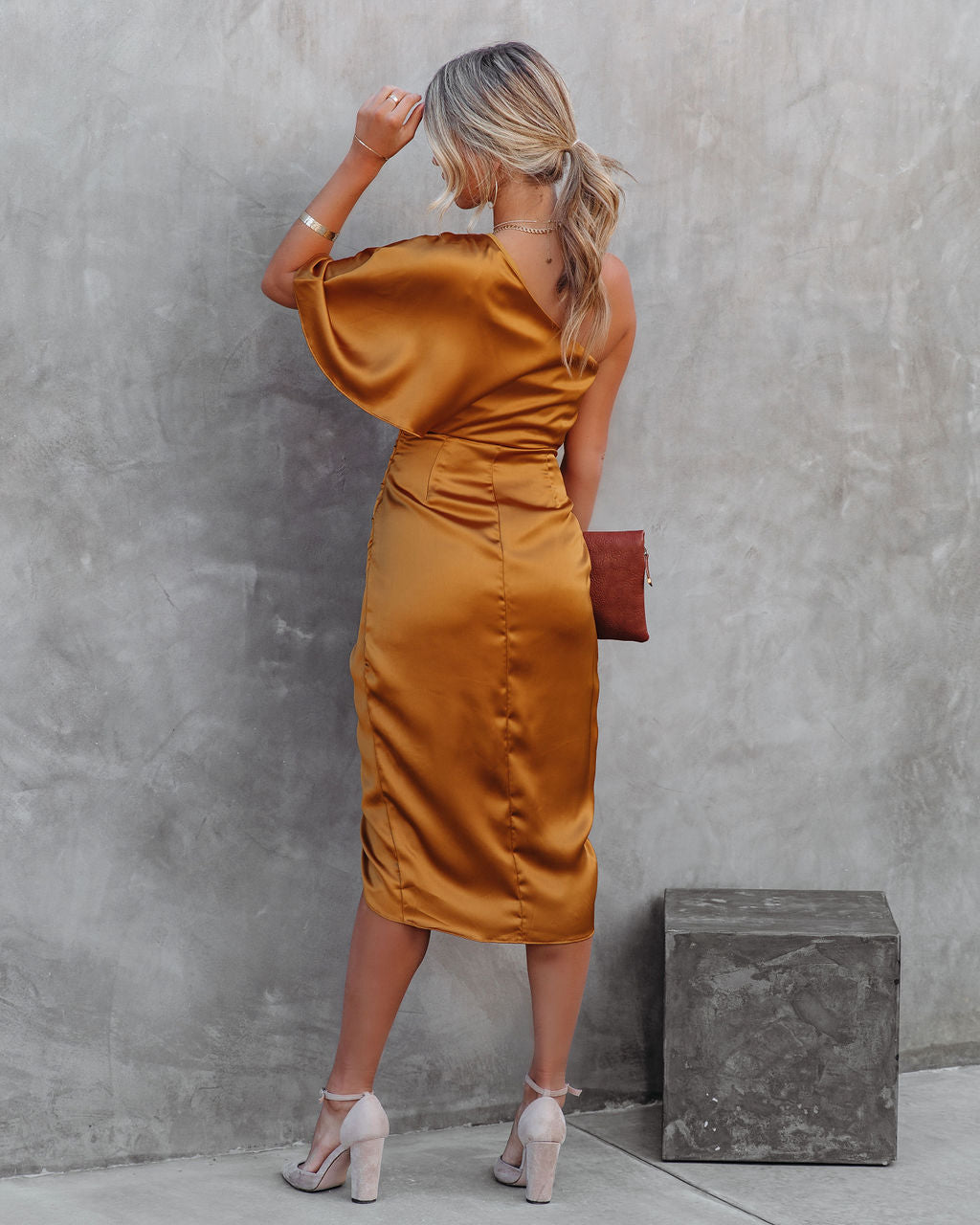 One Shoulder Flutter Sleeve Ruched Satin Wrap Tulip Midi Dress 2