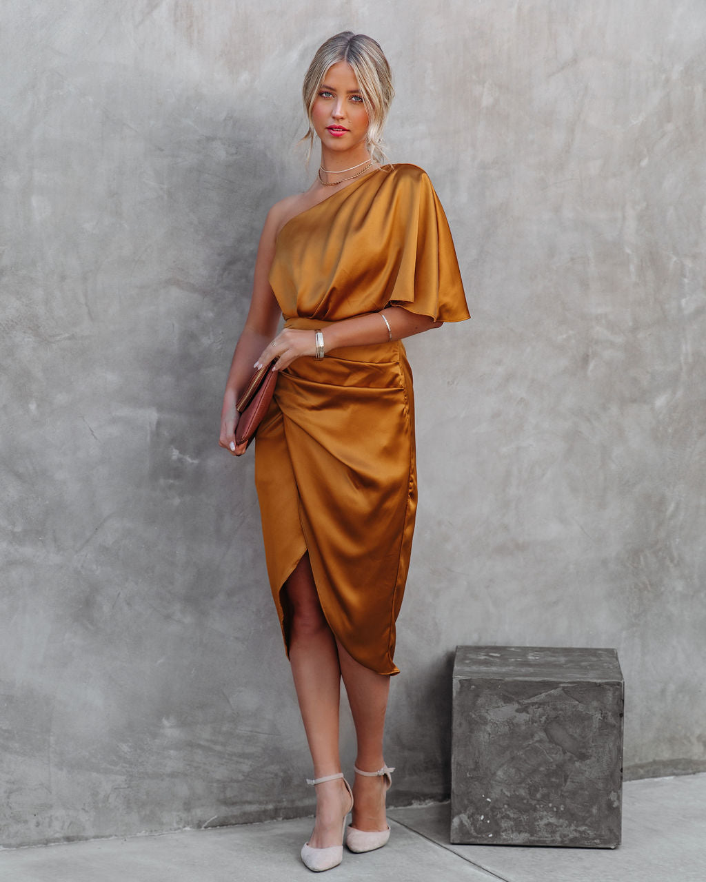 One Shoulder Flutter Sleeve Ruched Satin Wrap Tulip Midi Dress 4