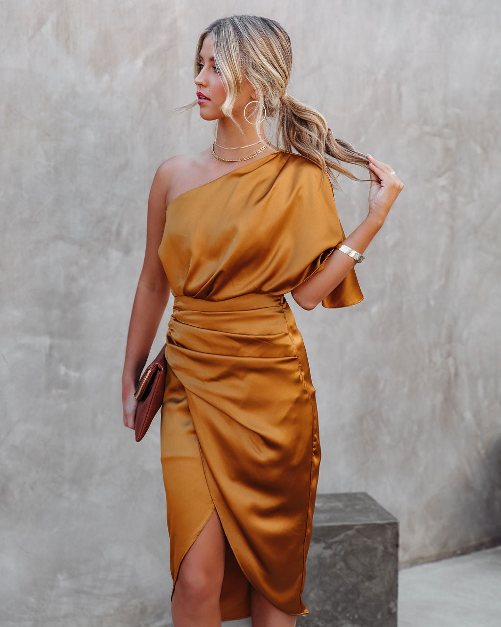 One Shoulder Flutter Sleeve Ruched Satin Wrap Tulip Midi Dress 5