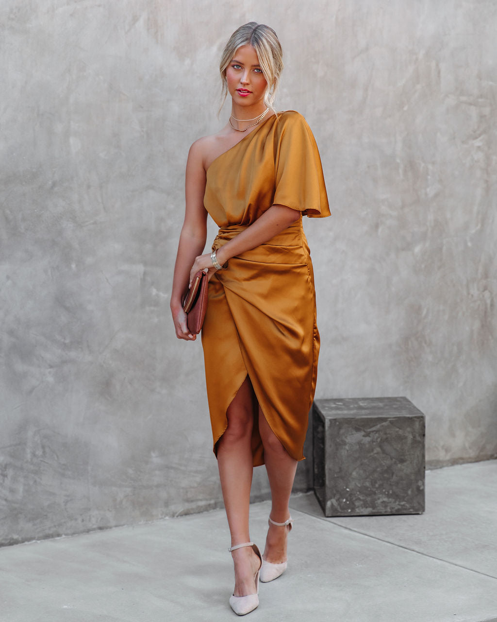 One Shoulder Flutter Sleeve Ruched Satin Wrap Tulip Midi Dress 9
