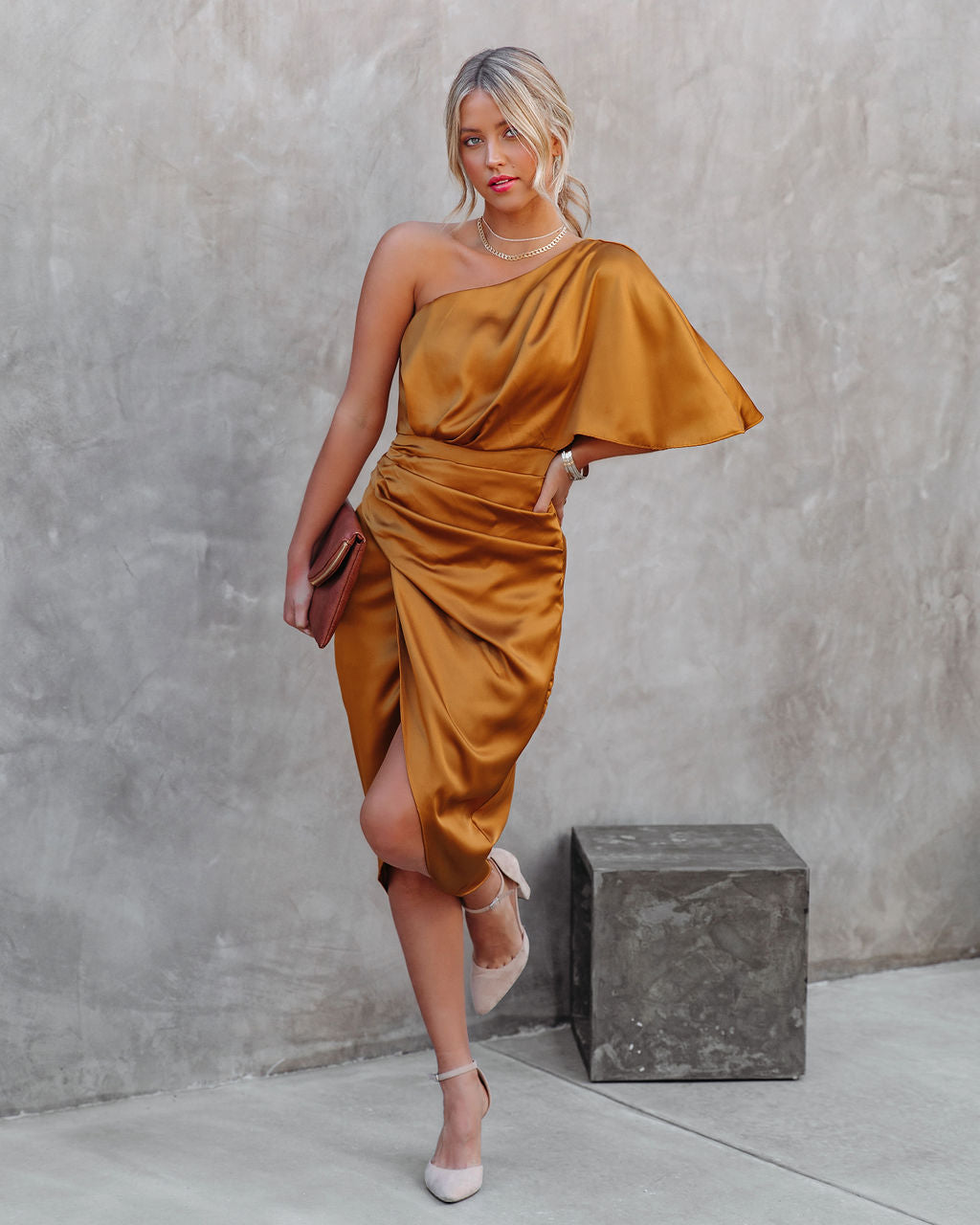 One Shoulder Flutter Sleeve Ruched Satin Wrap Tulip Midi Dress 3
