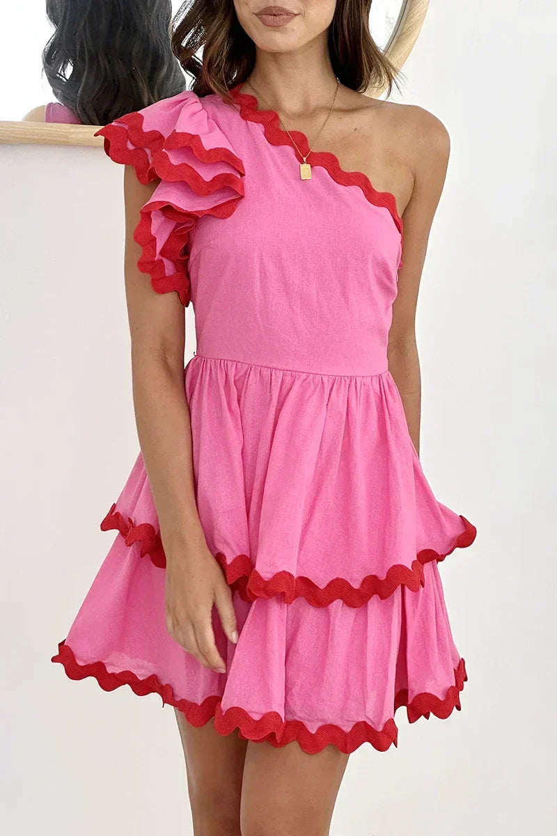 One Shoulder Ruffle Trim Scalloped Edge Tiered Mini Dress 6
