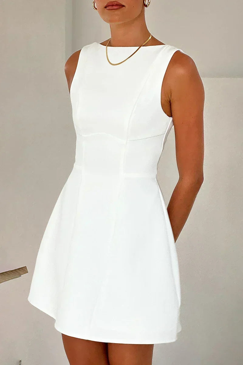 Boat Neck Princess Seam Structured A-Line Mini Dress 9