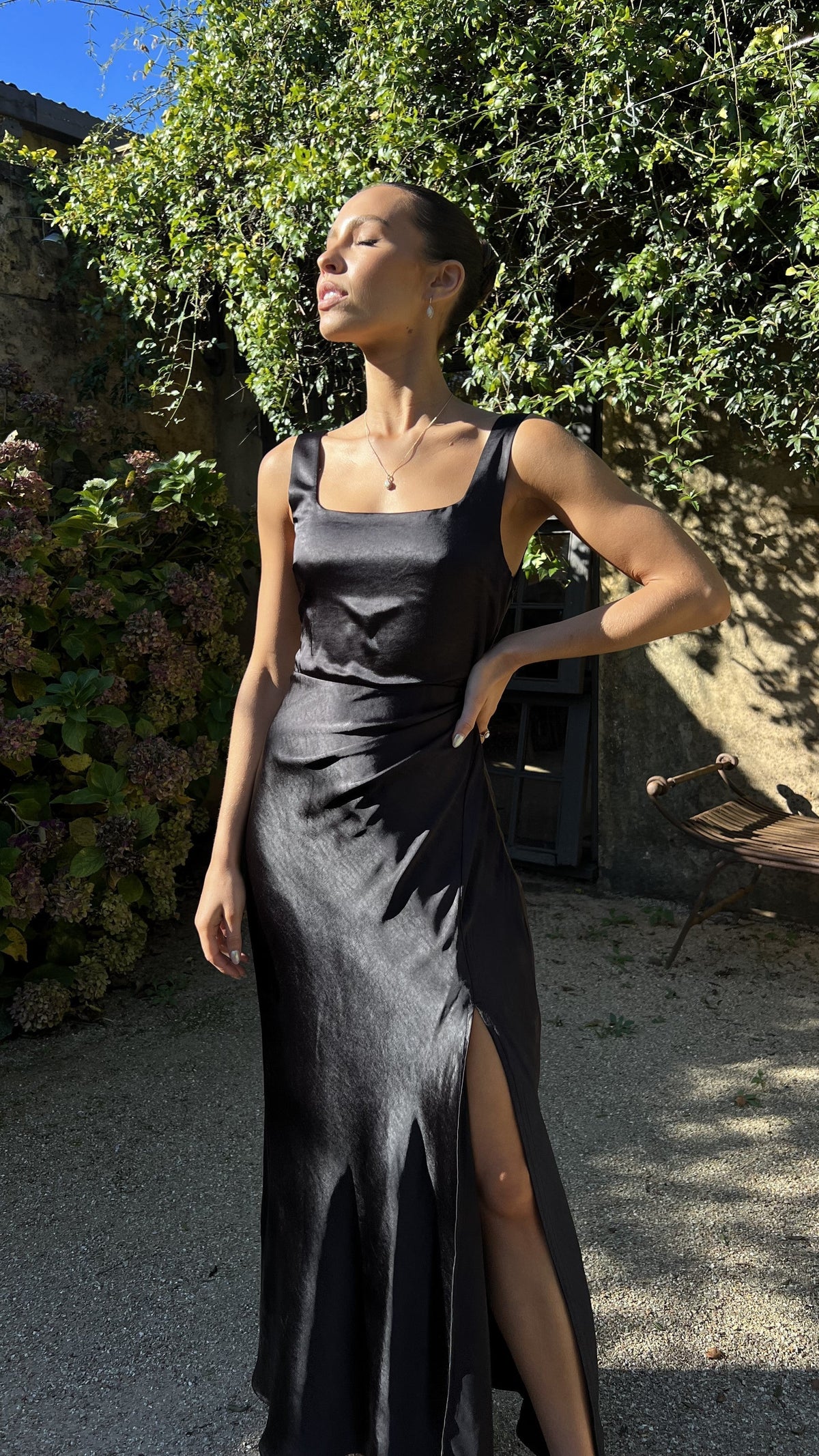 Satin Square Neck Wide Strap Side Slit Slip Maxi Dress 10
