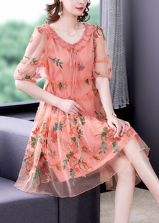 V Neck Tie Front Puff Sleeve Tiered Embroidered Mesh Midi Dress 2