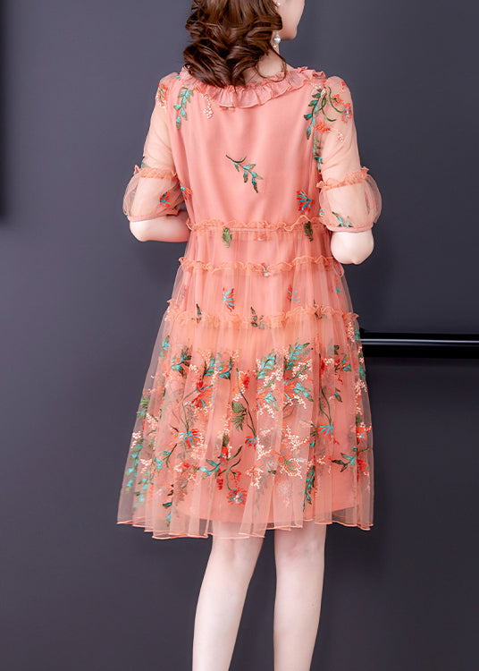 V Neck Tie Front Puff Sleeve Tiered Embroidered Mesh Midi Dress 4